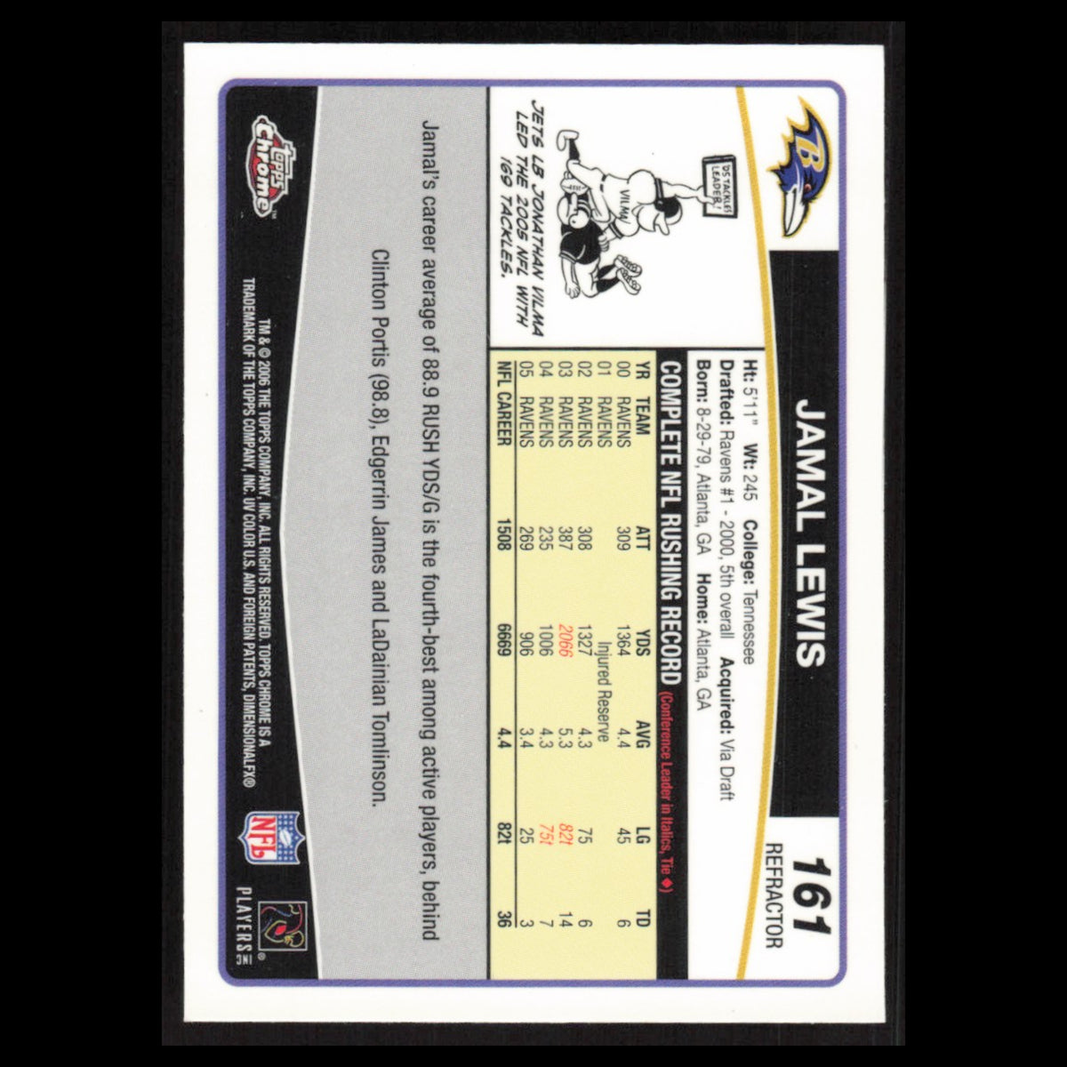 Jamal Lewis #161 2006 Topps Chrome Refractor Baltimore Ravens Football Card NFL