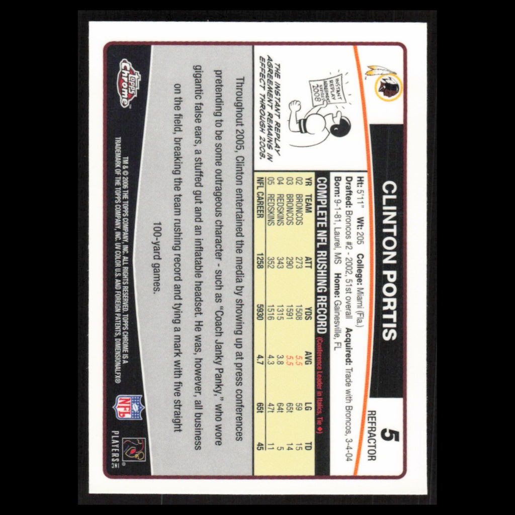 Clinton Portis #5 2006 Topps Chrome Refractor Washington Redskins Football Card