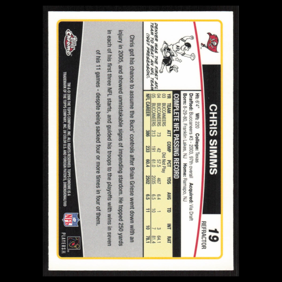 Chris Simms #19 2006 Topps Chrome Refractor Tampa Bay Buccaneers Football Card