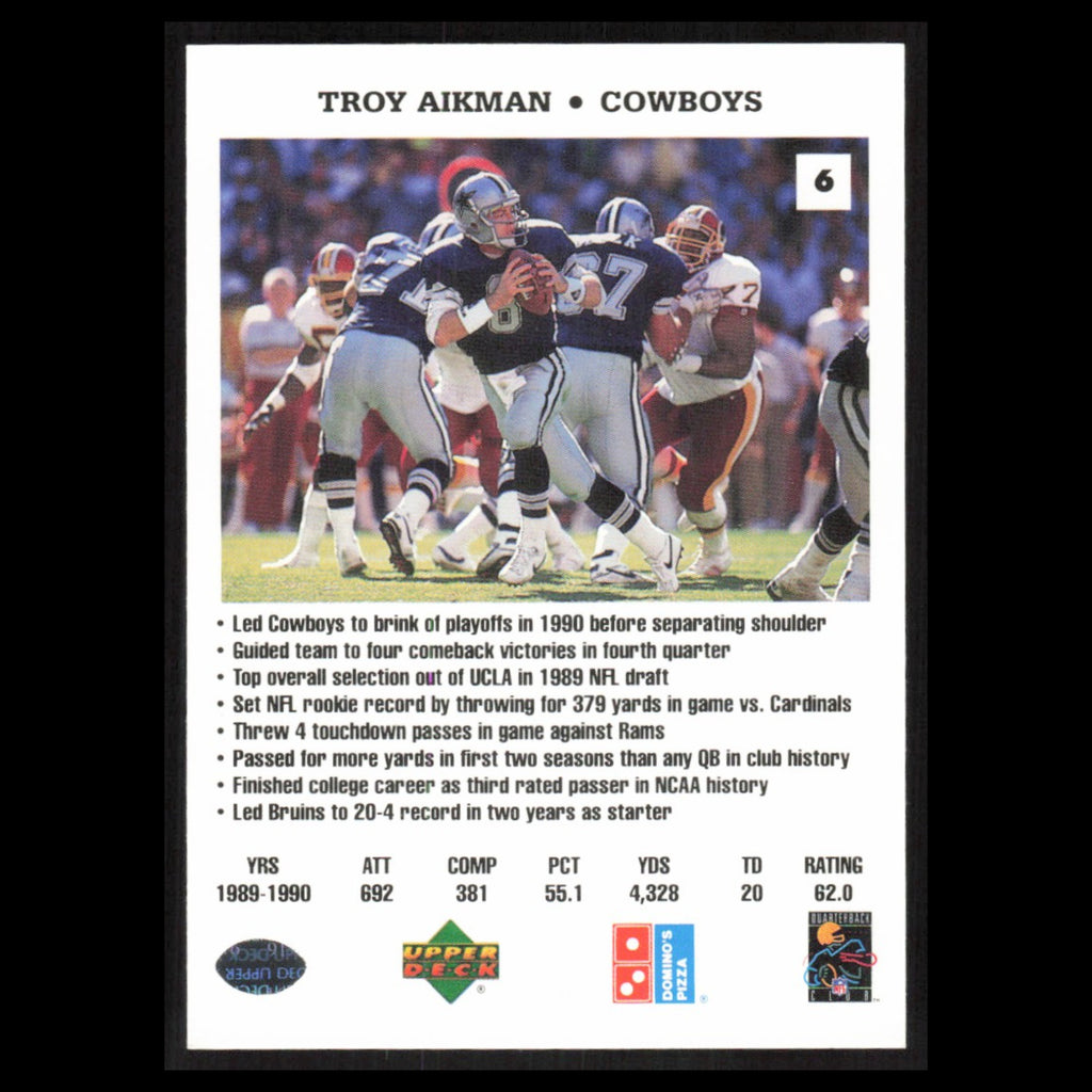 Troy Aikman #6 1991 Dominos The Quarterbacks Dallas Cowboys Football Card NFL NM