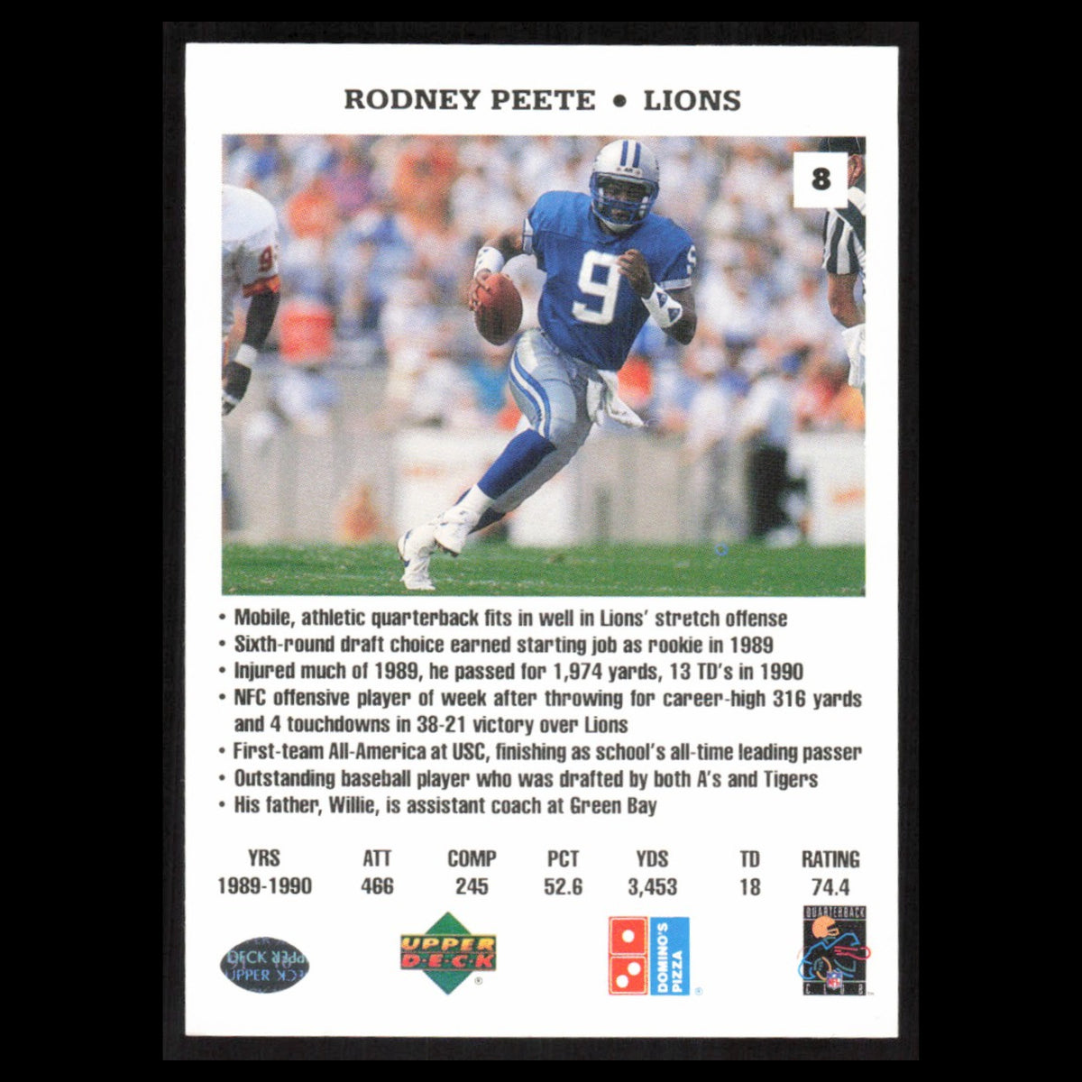 Rodney Peete #8 1991 Dominos The Quarterbacks Detroit Lions Football Card NFL NM
