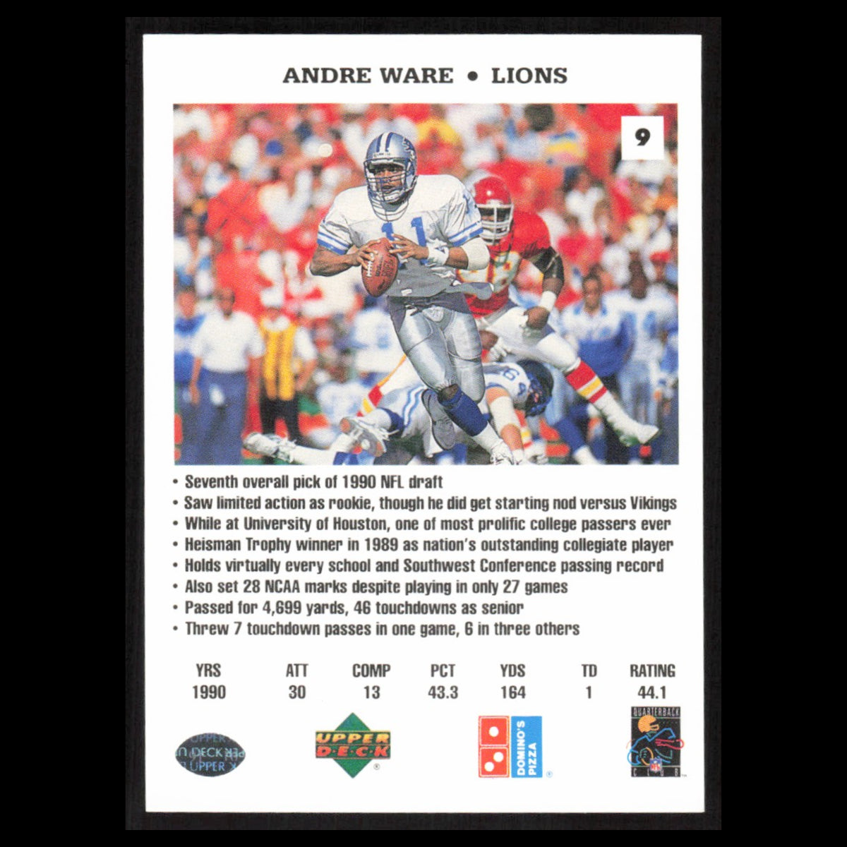 Andre Ware #9 1991 Dominos The Quarterbacks Detroit Lions Football Card NFL NM