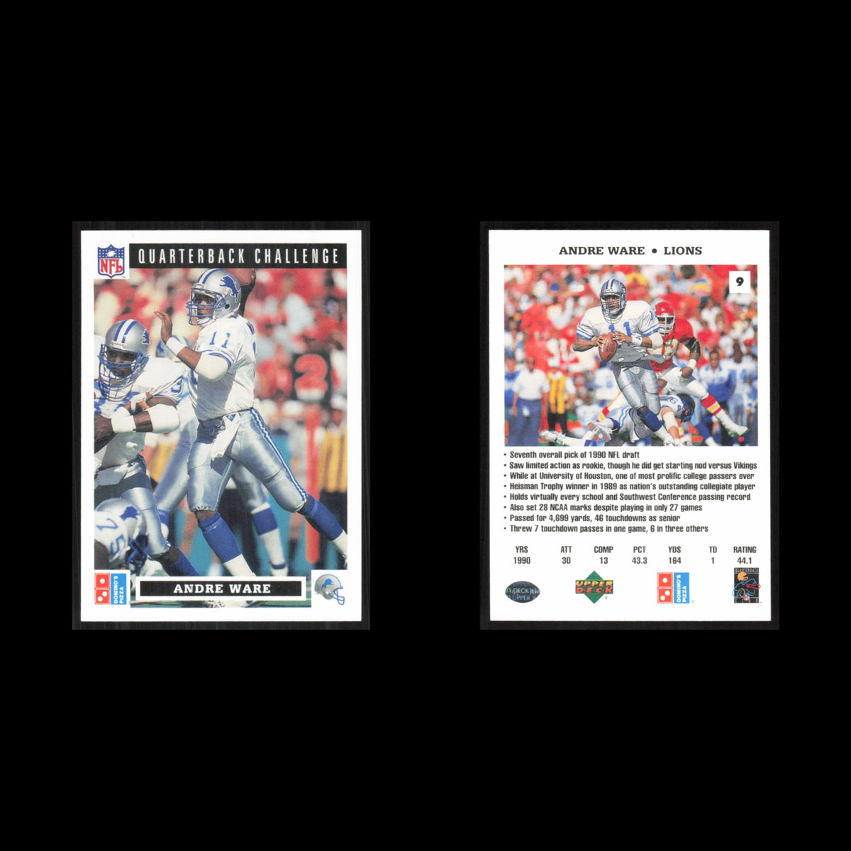Andre Ware #9 1991 Dominos The Quarterbacks Detroit Lions Football Card NFL NM