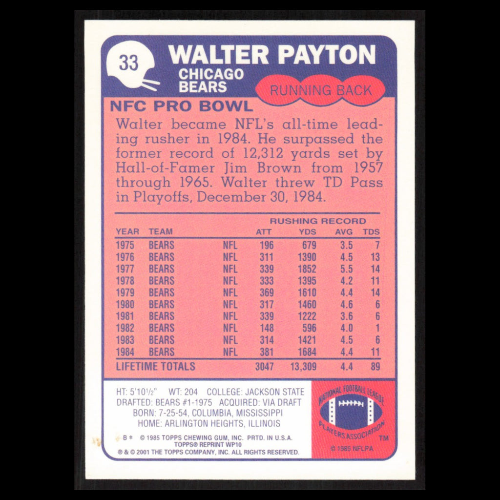 Walter Payton #33 2001 Topps Walter Payton Reprint Chicago Bears Football Card