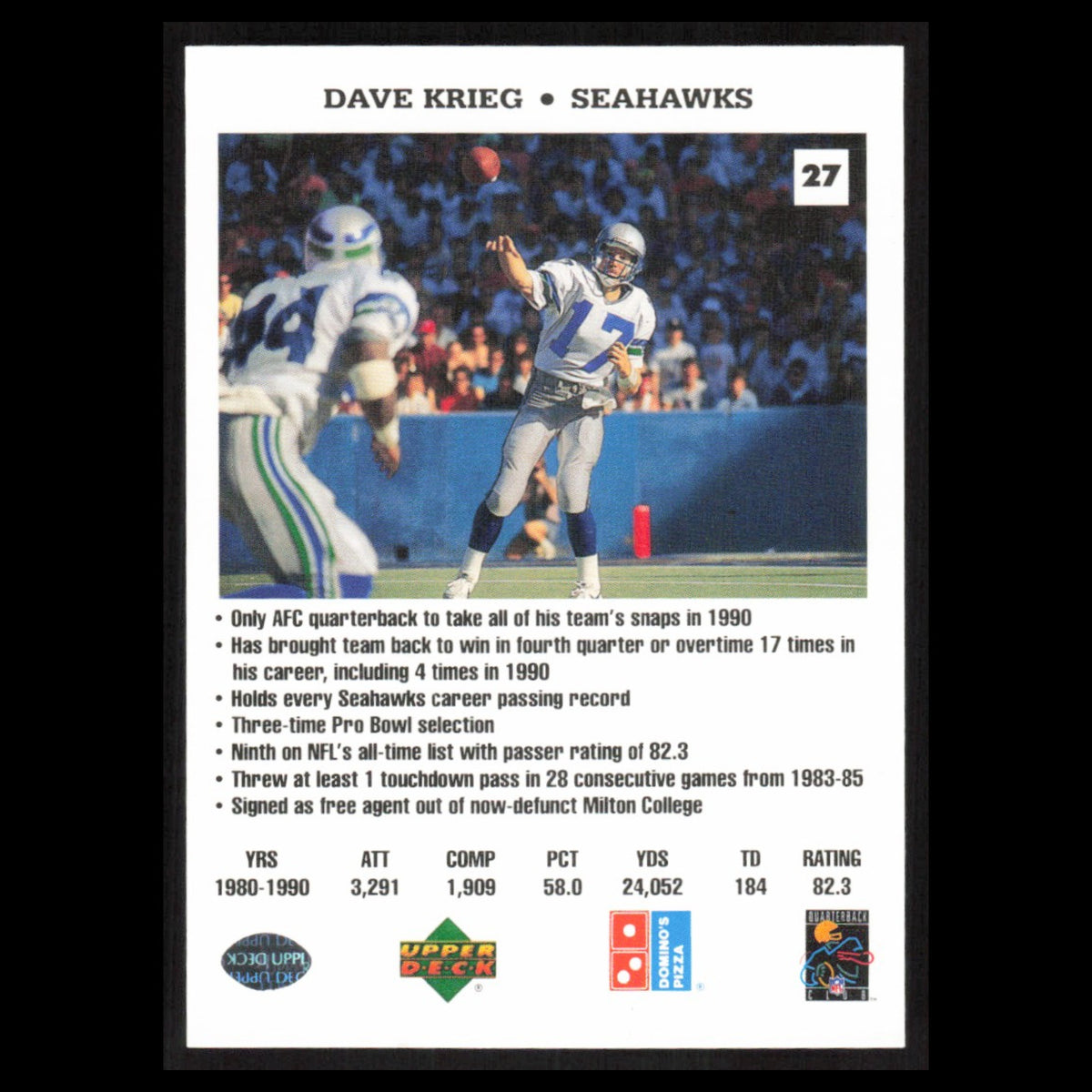 Dave Krieg #27 1991 Dominos The Quarterbacks Seattle Seahawks Football Card NFL