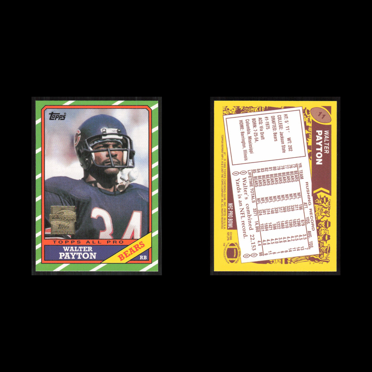 Walter Payton #11 2001 Topps Walter Payton Reprint Chicago Bears Football Card