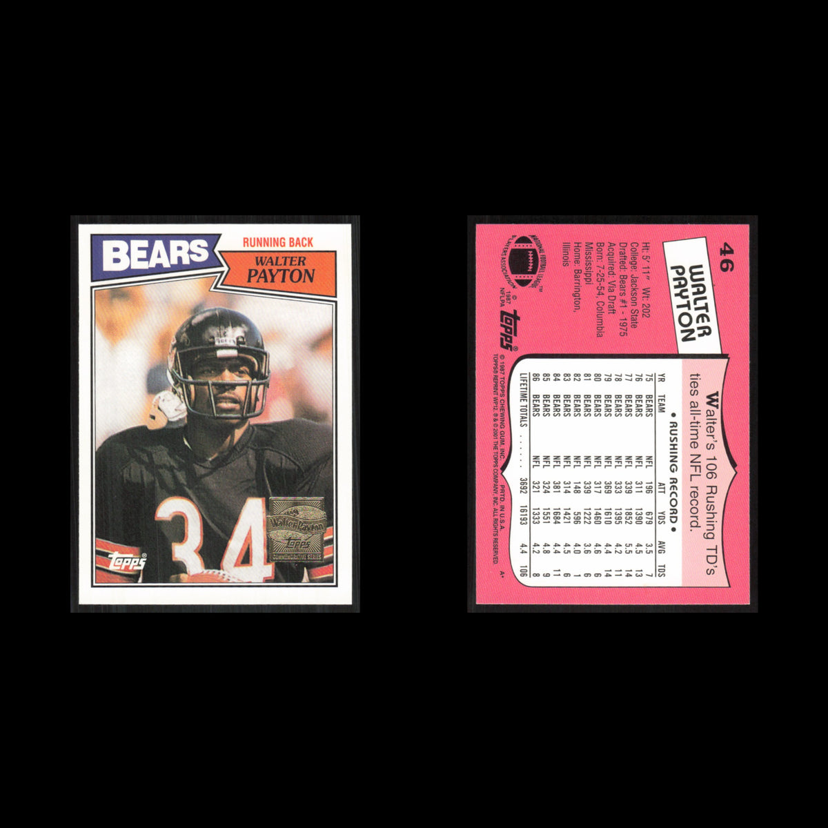 Walter Payton #46 2001 Topps Walter Payton Reprint Chicago Bears Football Card