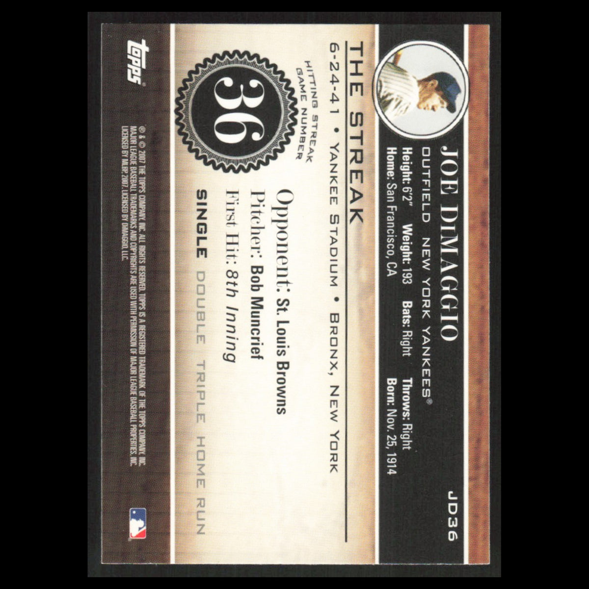 Joe DiMaggio #JD36 2007 Topps DiMaggio Streak New York Yankees Baseball Card MLB
