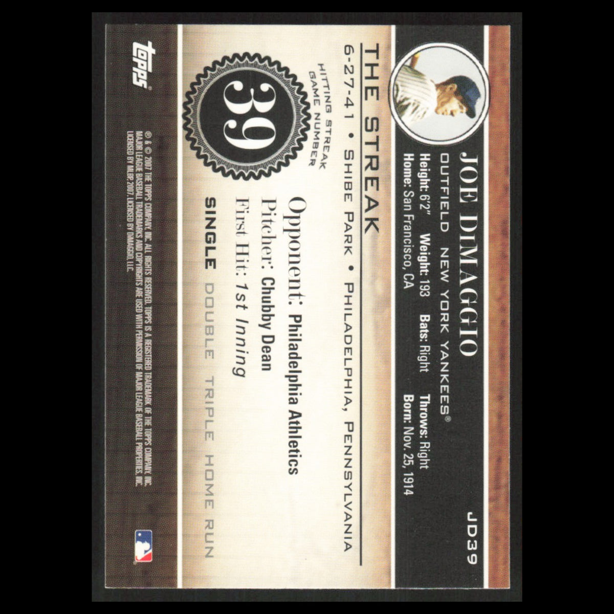 Joe DiMaggio #JD39 2007 Topps DiMaggio Streak New York Yankees Baseball Card MLB