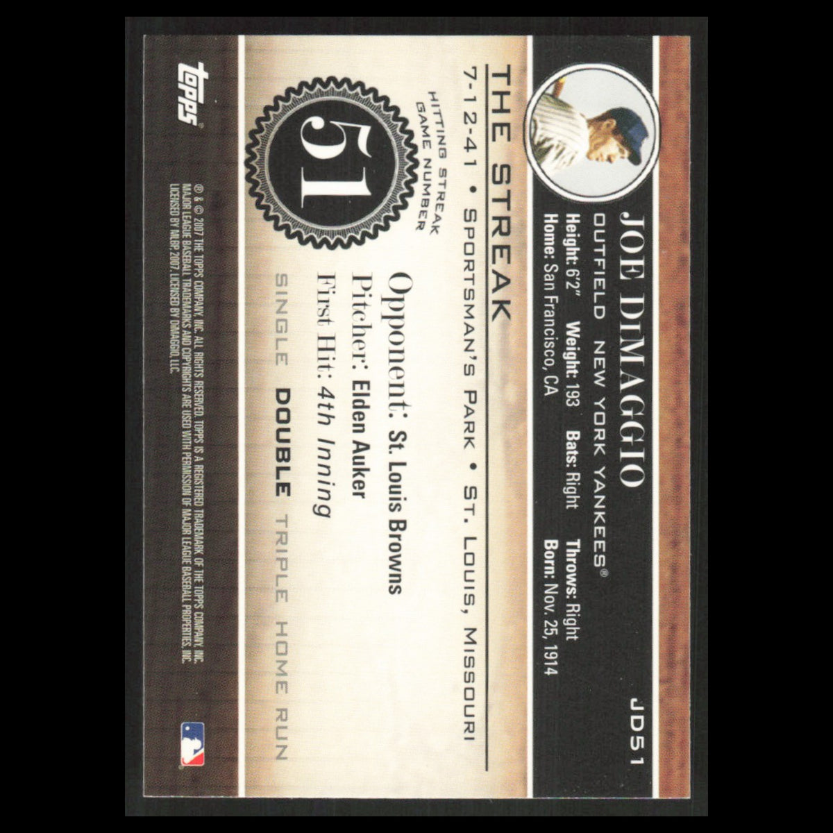 Joe DiMaggio #JD51 2007 Topps DiMaggio Streak New York Yankees Baseball Card MLB