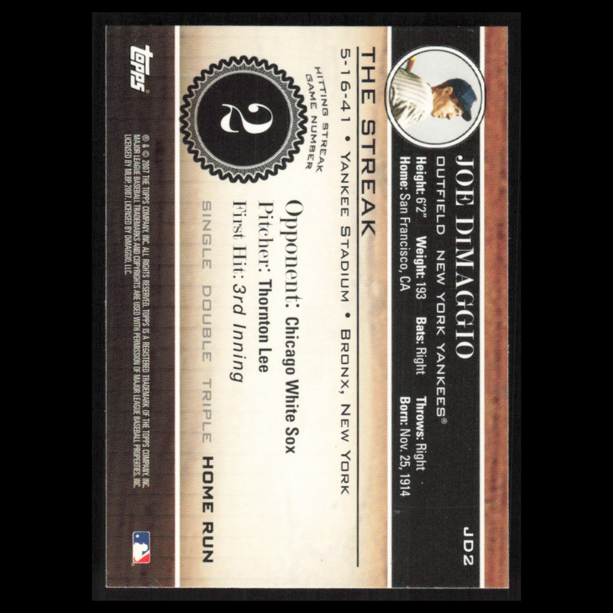 Joe DiMaggio #JD2 2007 Topps DiMaggio Streak New York Yankees Baseball Card MLB