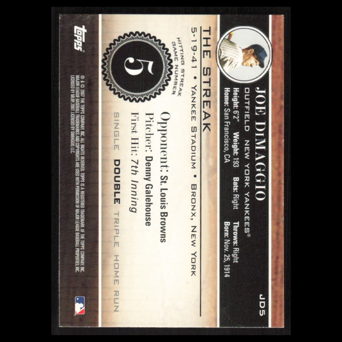Joe DiMaggio #JD5 2007 Topps DiMaggio Streak New York Yankees Baseball Card MLB