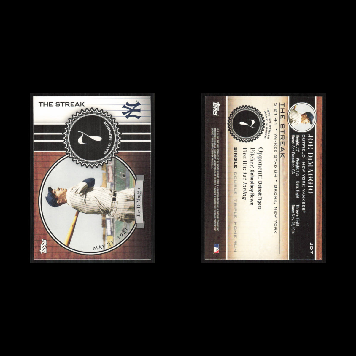 Joe DiMaggio #JD7 2007 Topps DiMaggio Streak New York Yankees Baseball Card MLB