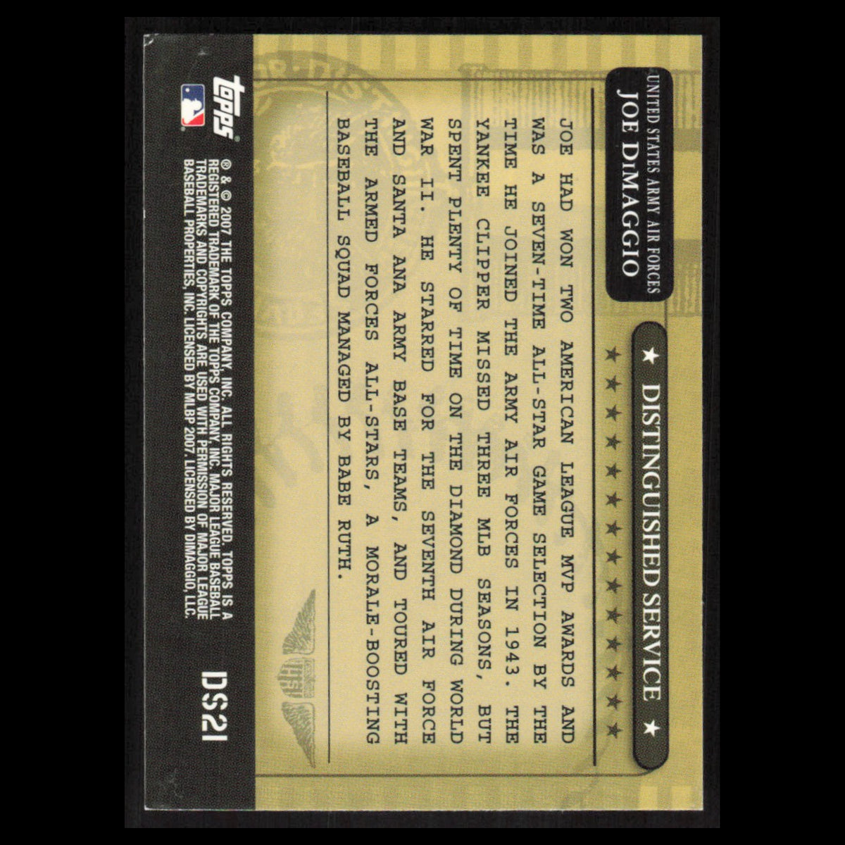 Joe DiMaggio #DS21 2007 Topps Distinguished Service New York Yankees Baseball NM