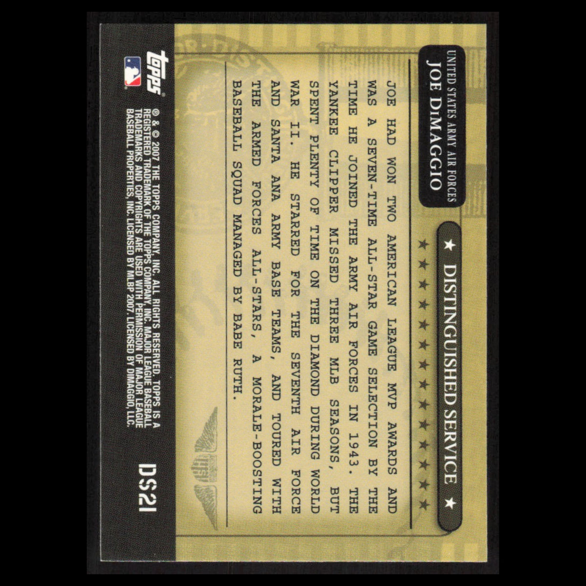 Joe DiMaggio #DS21 2007 Topps Distinguished Service New York Yankees Baseball NM