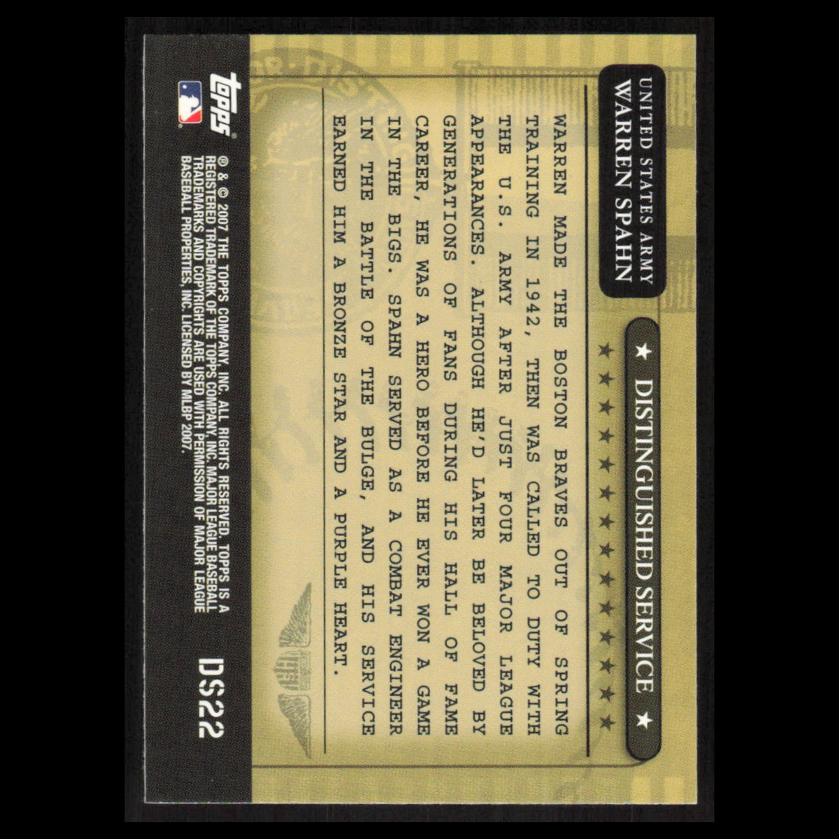 Warren Spahn #DS22 2007 Topps Distinguished Service Boston Braves Baseball Card
