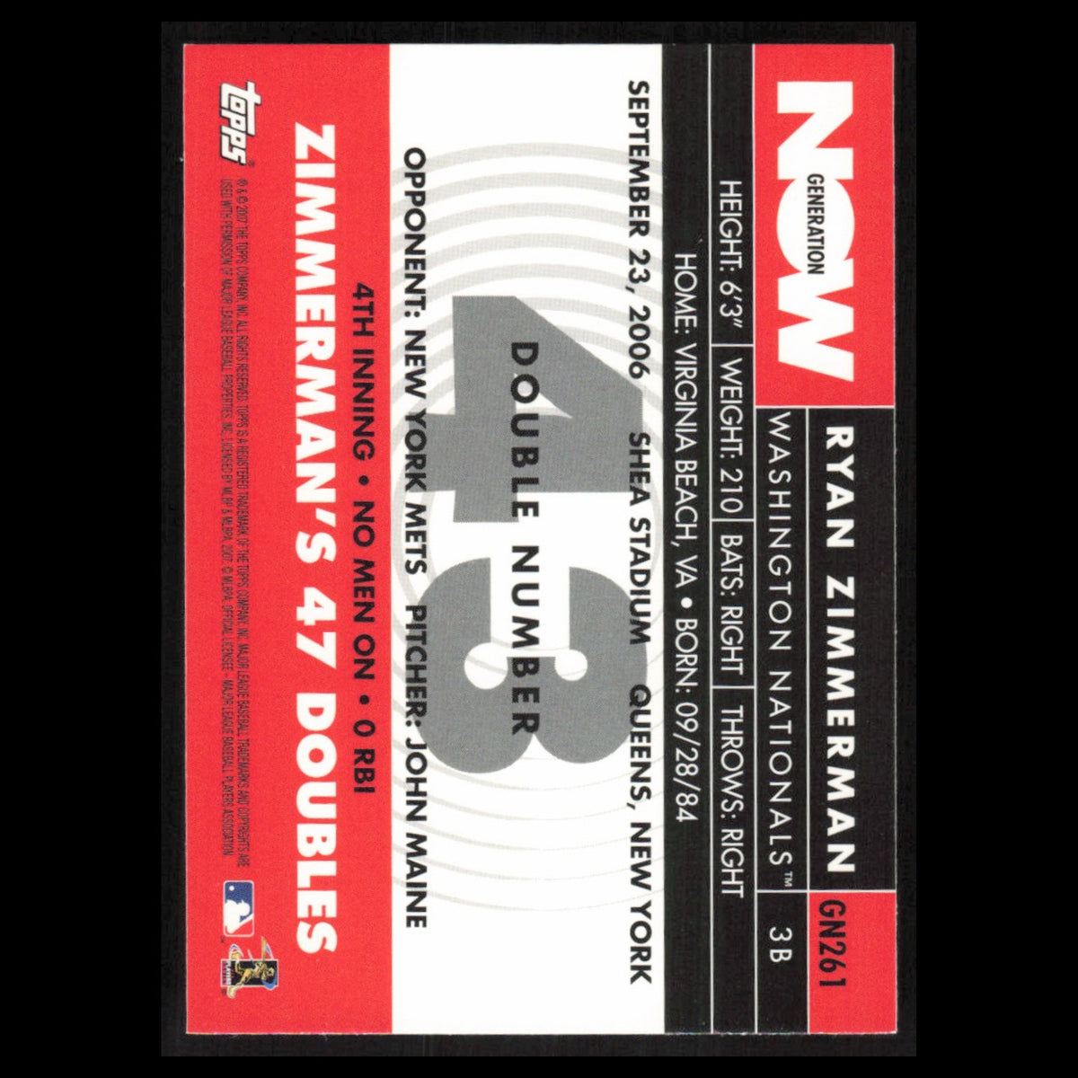 Ryan Zimmerman #GN261 2007 Topps Generation Now Washington Nationals Baseball NM