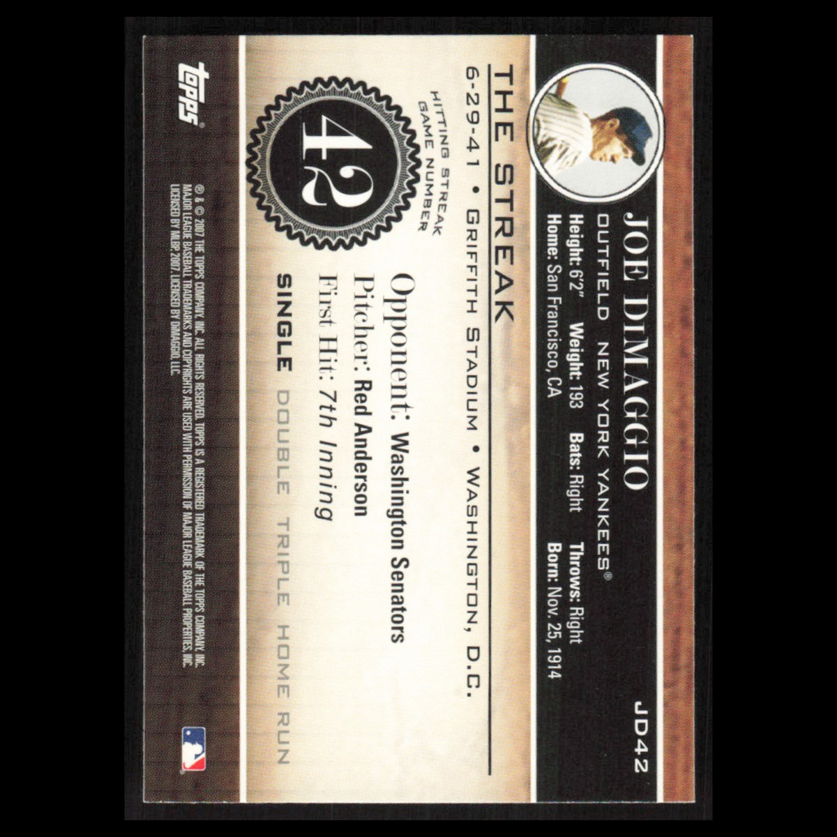 Joe DiMaggio #JD42 2007 Topps DiMaggio Streak New York Yankees Baseball Card MLB