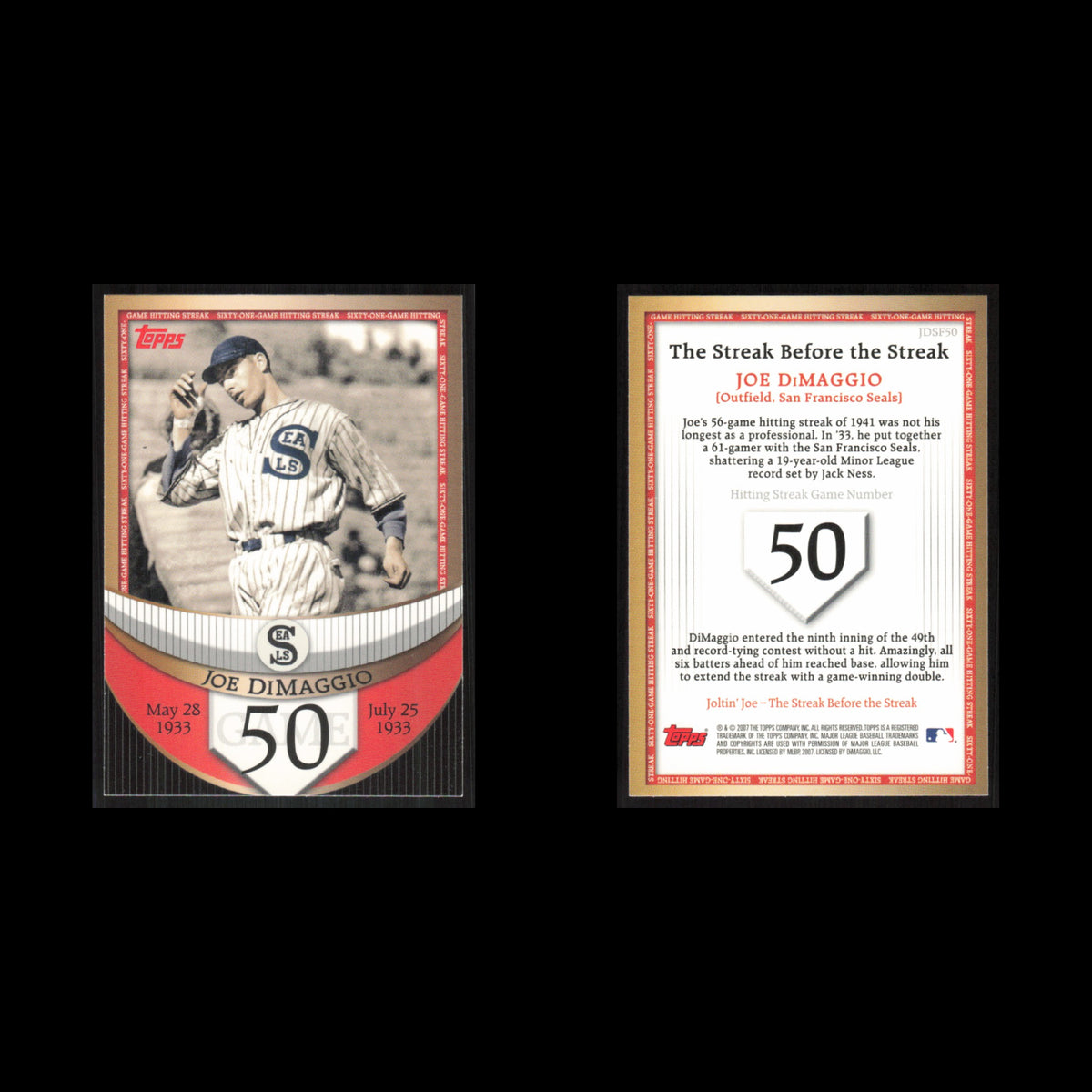 Joe DiMaggio #JDSF49 2007 Topps DiMaggio Streak Before The Streak Baseball Card