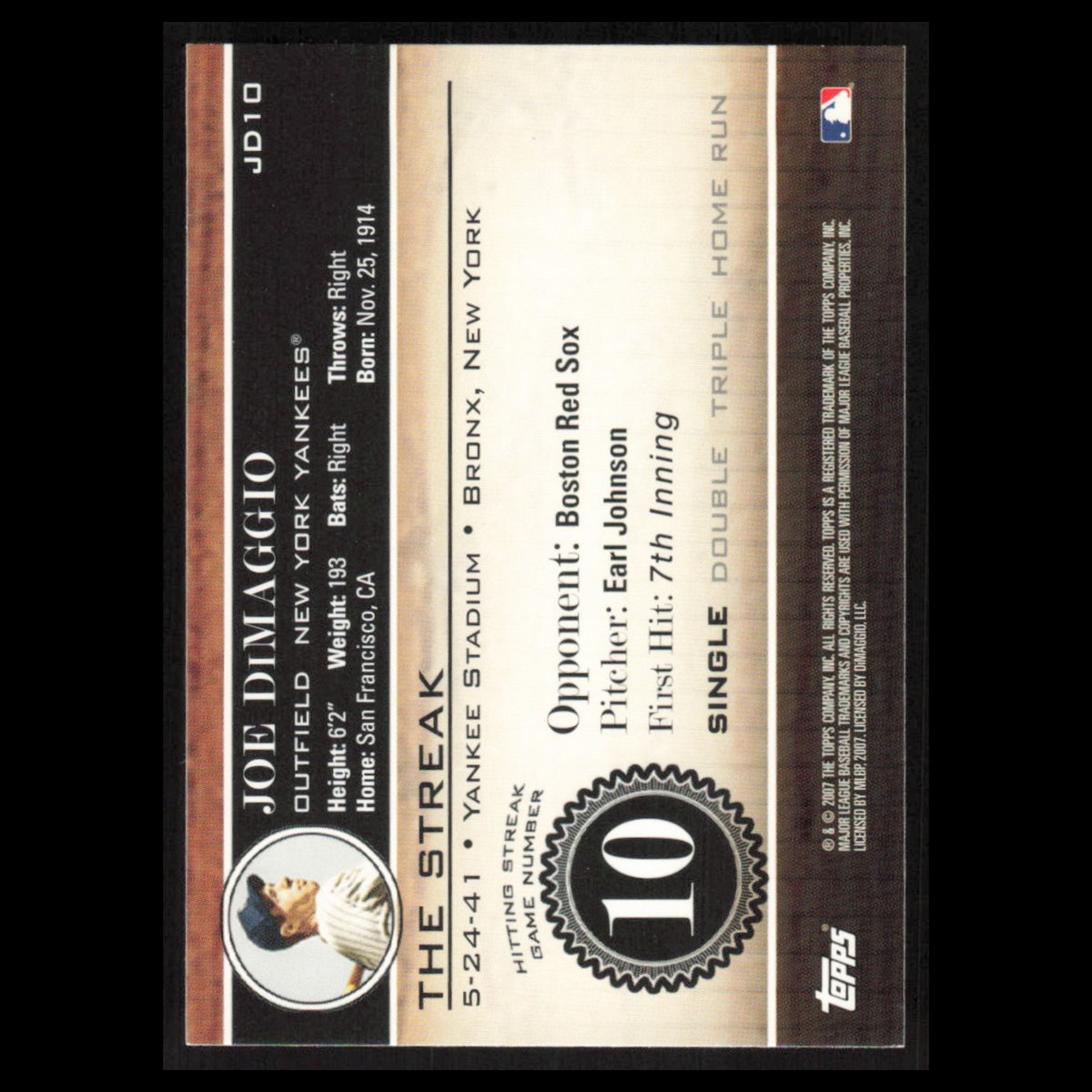 Joe DiMaggio #JD10 2007 Topps DiMaggio Streak New York Yankees Baseball Card MLB