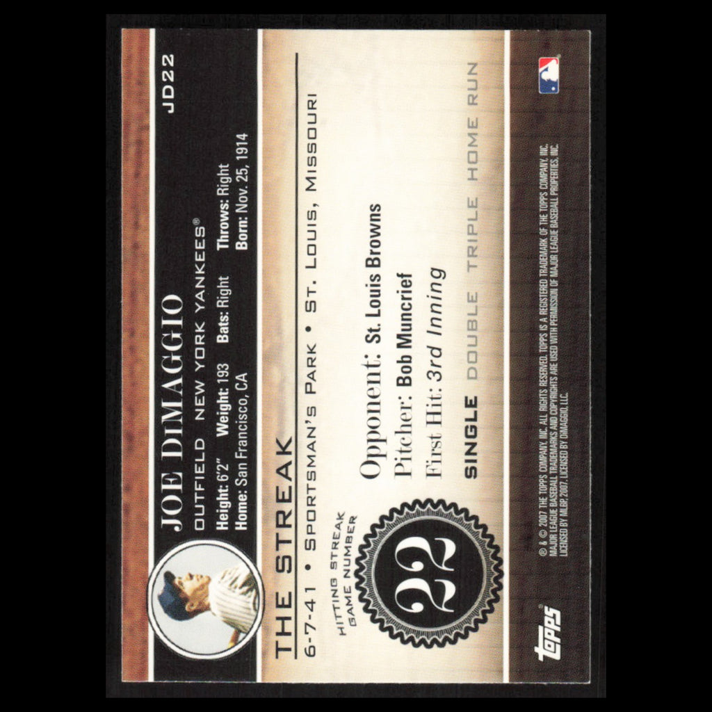 Joe DiMaggio #JD22 2007 Topps DiMaggio Streak New York Yankees Baseball Card MLB