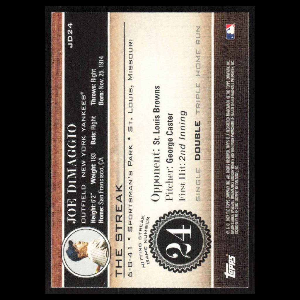 Joe DiMaggio #JD24 2007 Topps DiMaggio Streak New York Yankees Baseball Card MLB