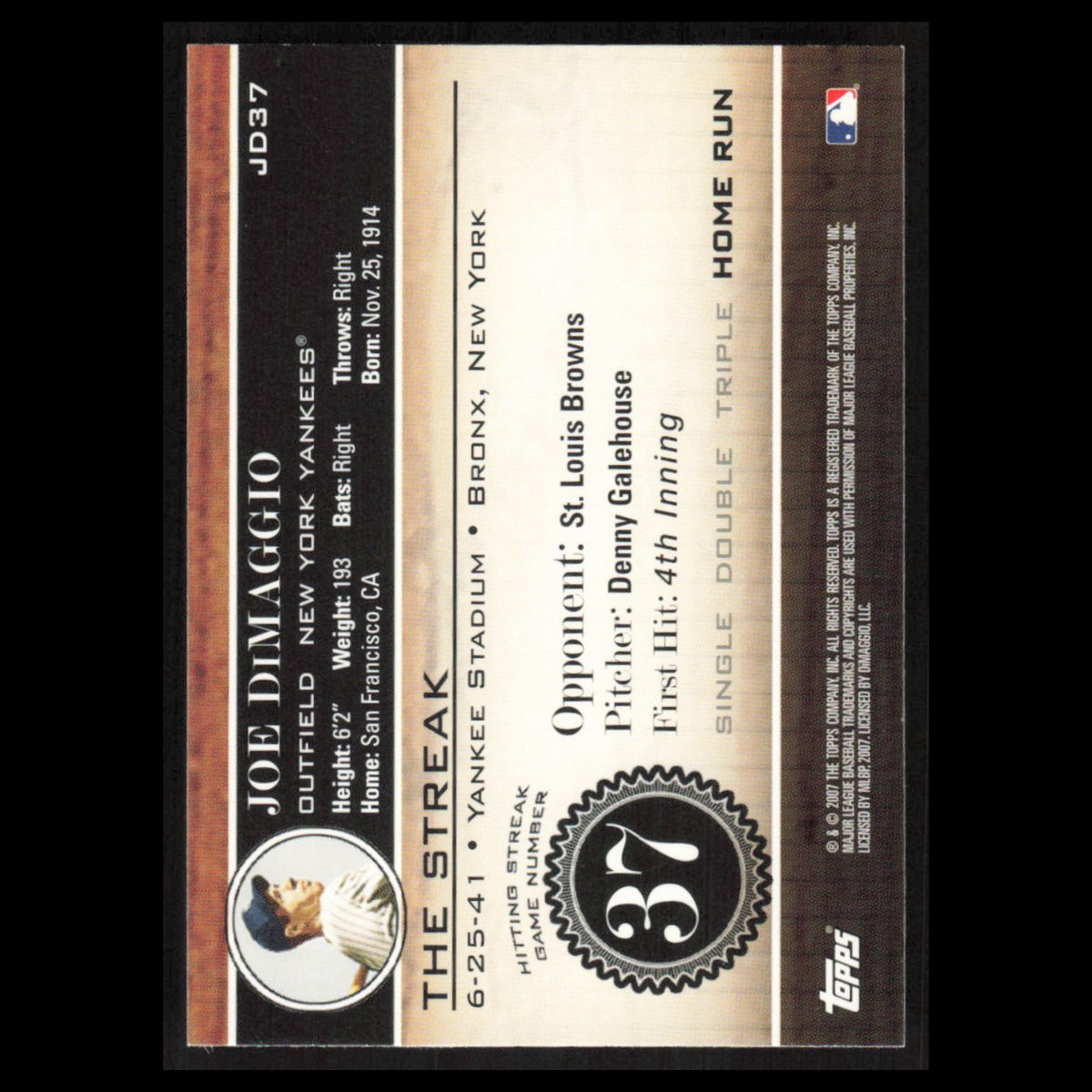 Joe DiMaggio #JD37 2007 Topps DiMaggio Streak New York Yankees Baseball Card MLB