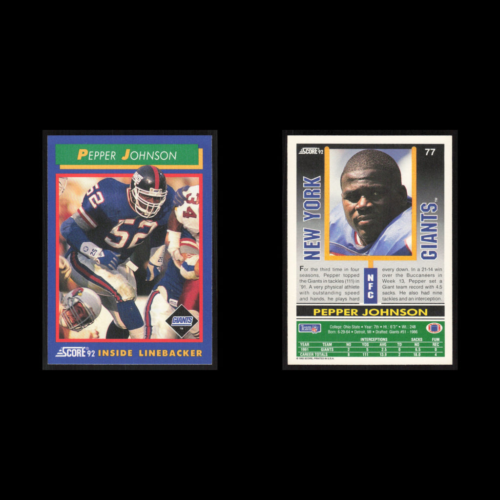 Pepper Johnson #77 1992 Score New York Giants Football Card NFL NM