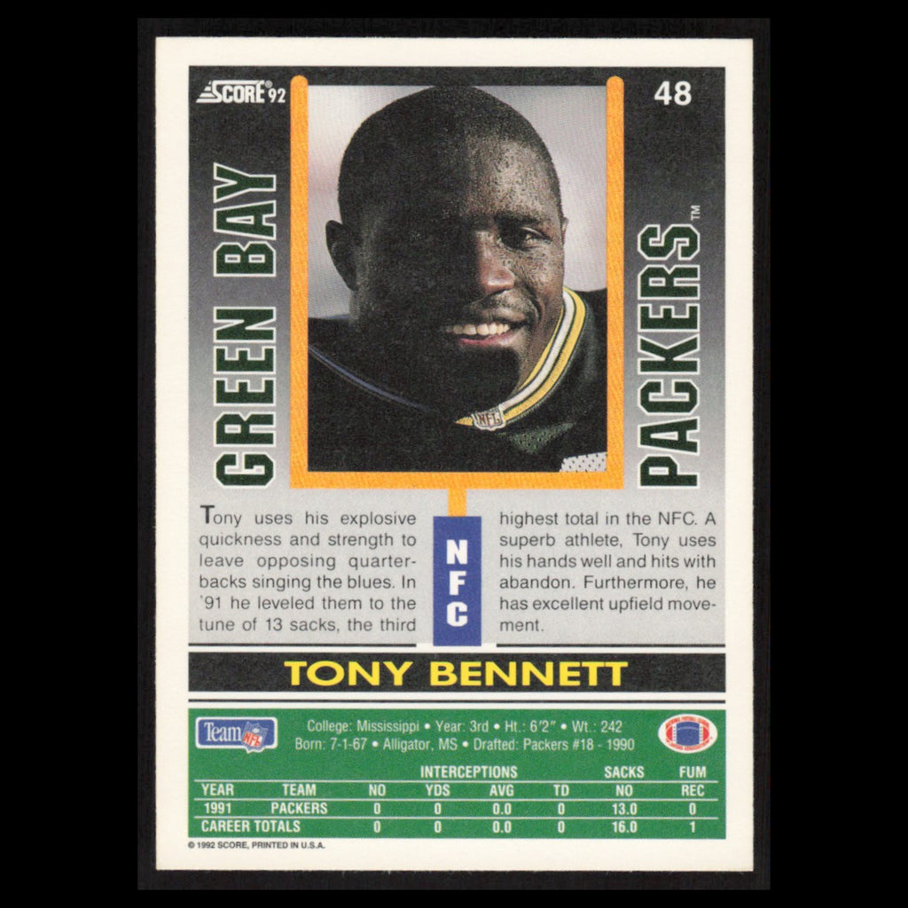 Tony Bennett #48 1992 Score Green Bay Packers Football Card NFL NM