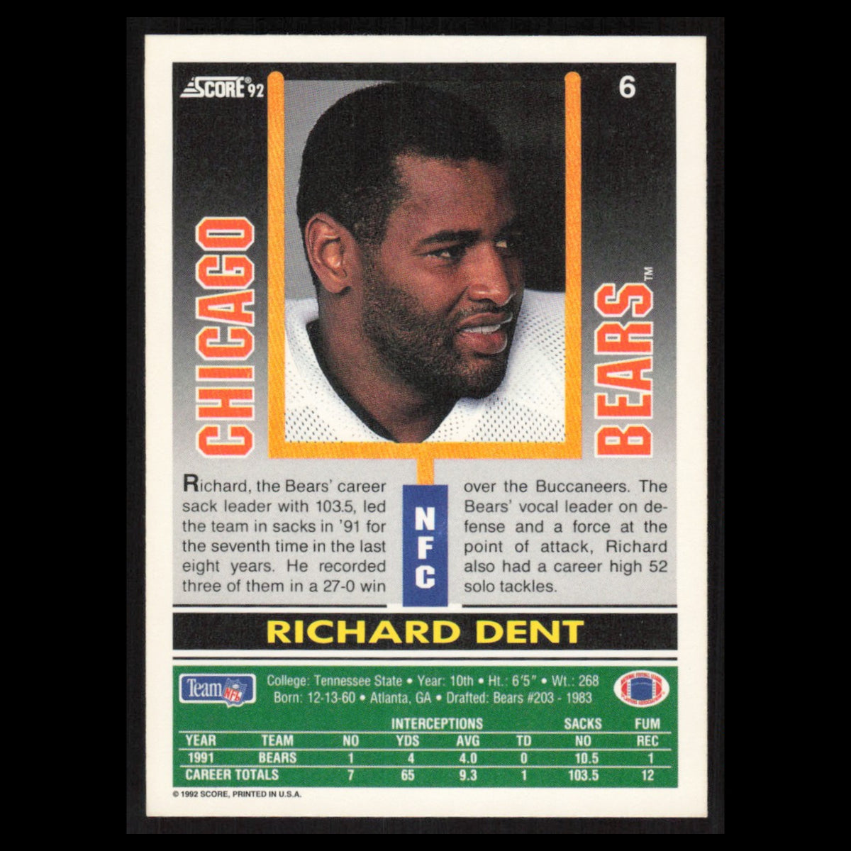 Richard Dent #6 1992 Score Chicago Bears Football Card NFL NM
