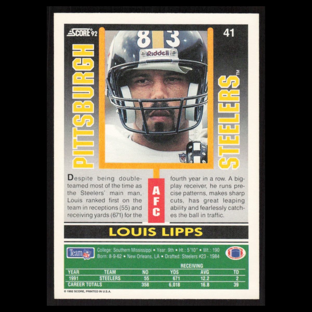 Louis Lipps #41 1992 Score Pittsburgh Steelers Football Card NFL NM