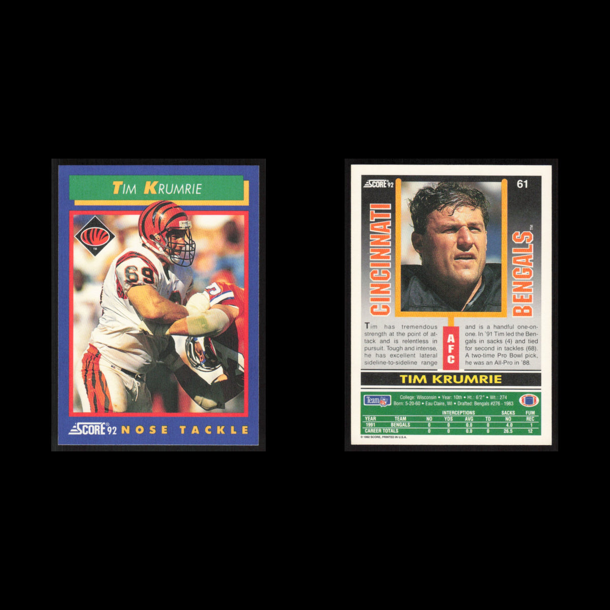 Tim Krumrie #61 1992 Score Cincinnati Bengals Football Card NFL NM