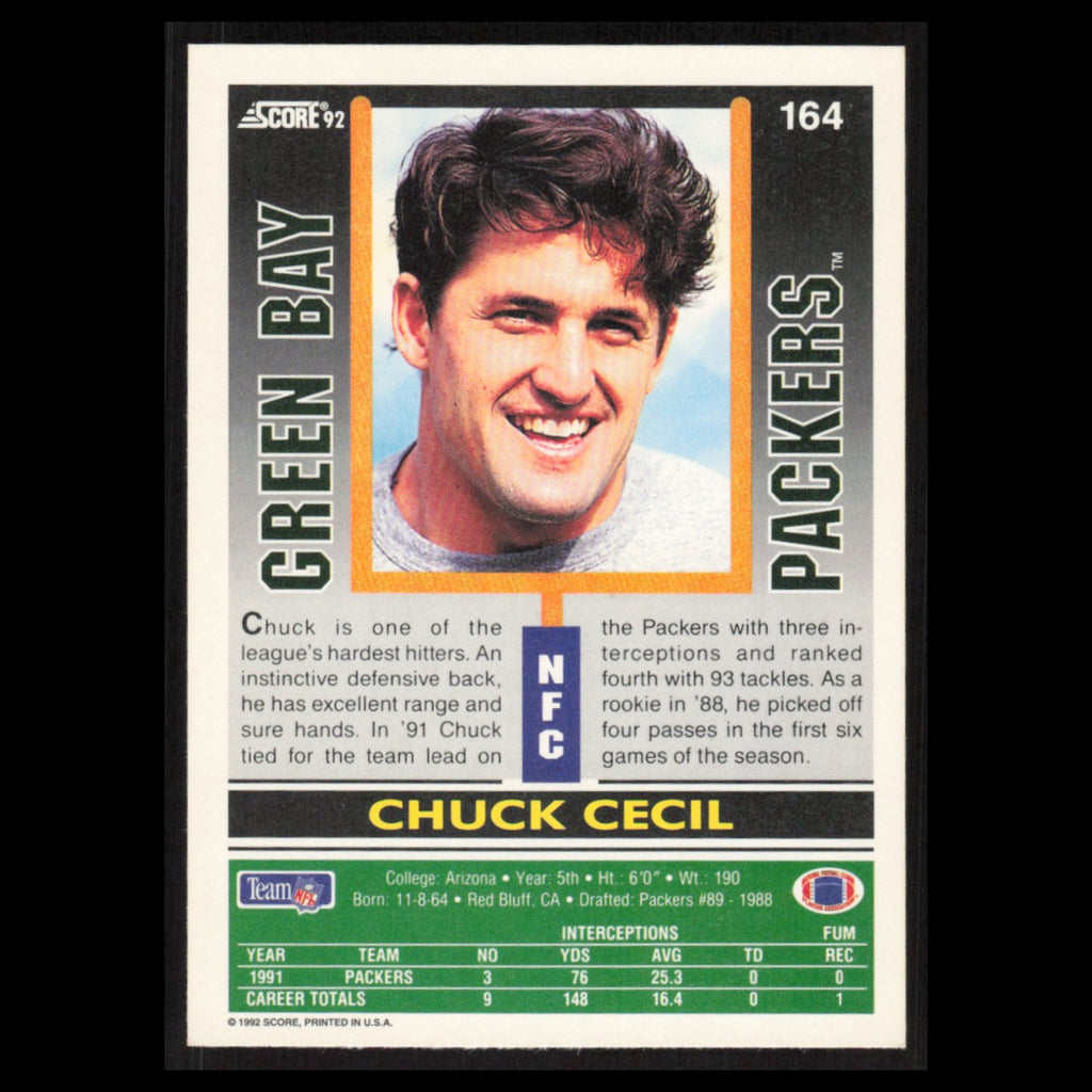 Chuck Cecil #164 1992 Score Green Bay Packers Football Card NFL NM