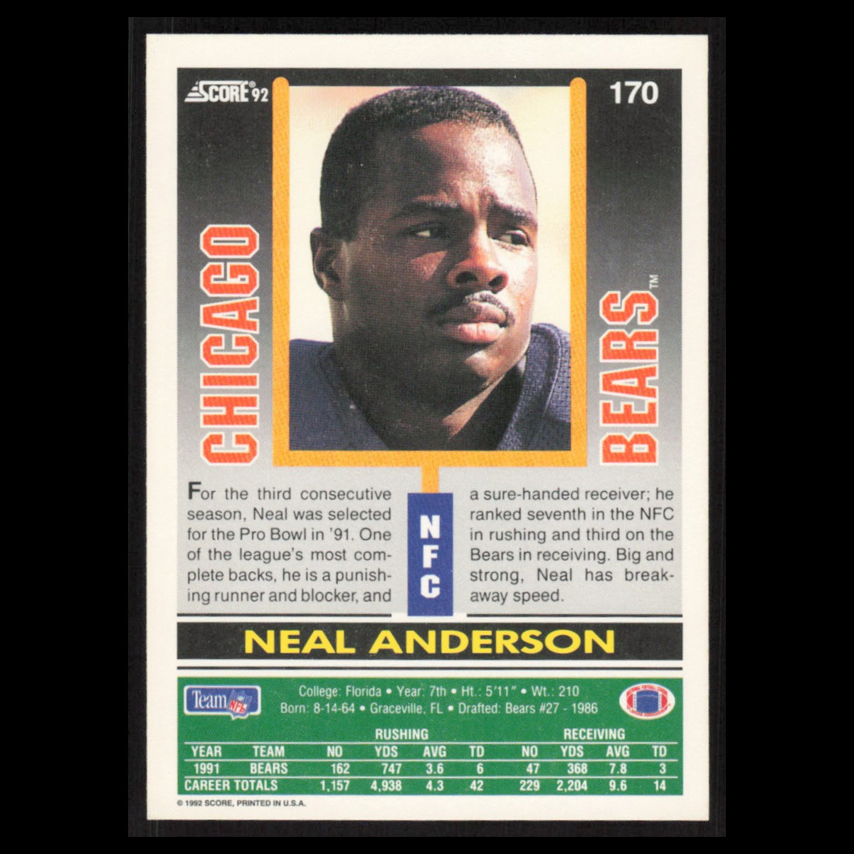 Neal Anderson #170 1992 Score Chicago Bears Football Card NFL NM