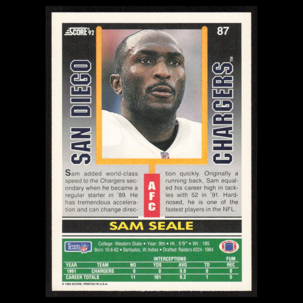 Sam Seale #87 1992 Score San Diego Chargers Football Card NFL NM