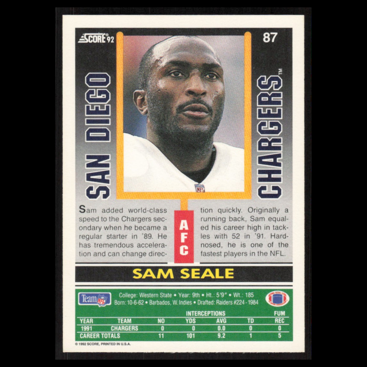 Sam Seale #87 1992 Score San Diego Chargers Football Card NFL NM