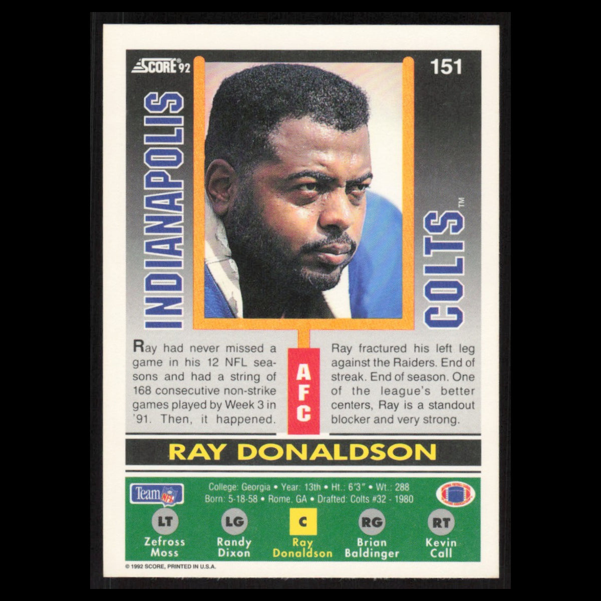 Ray Donaldson #151 1992 Score Indianapolis Colts Football Card NFL NM