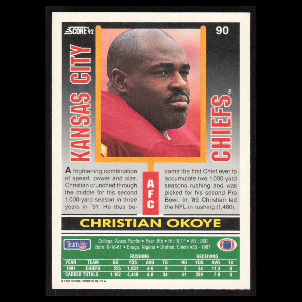 Christian Okoye #90 1992 Score Kansas City Chiefs Football Card NFL NM