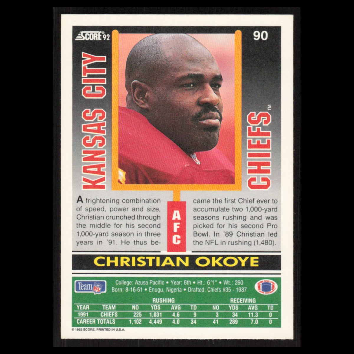 Christian Okoye #90 1992 Score Kansas City Chiefs Football Card NFL NM