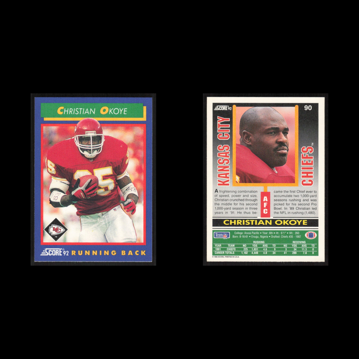 Christian Okoye #90 1992 Score Kansas City Chiefs Football Card NFL NM
