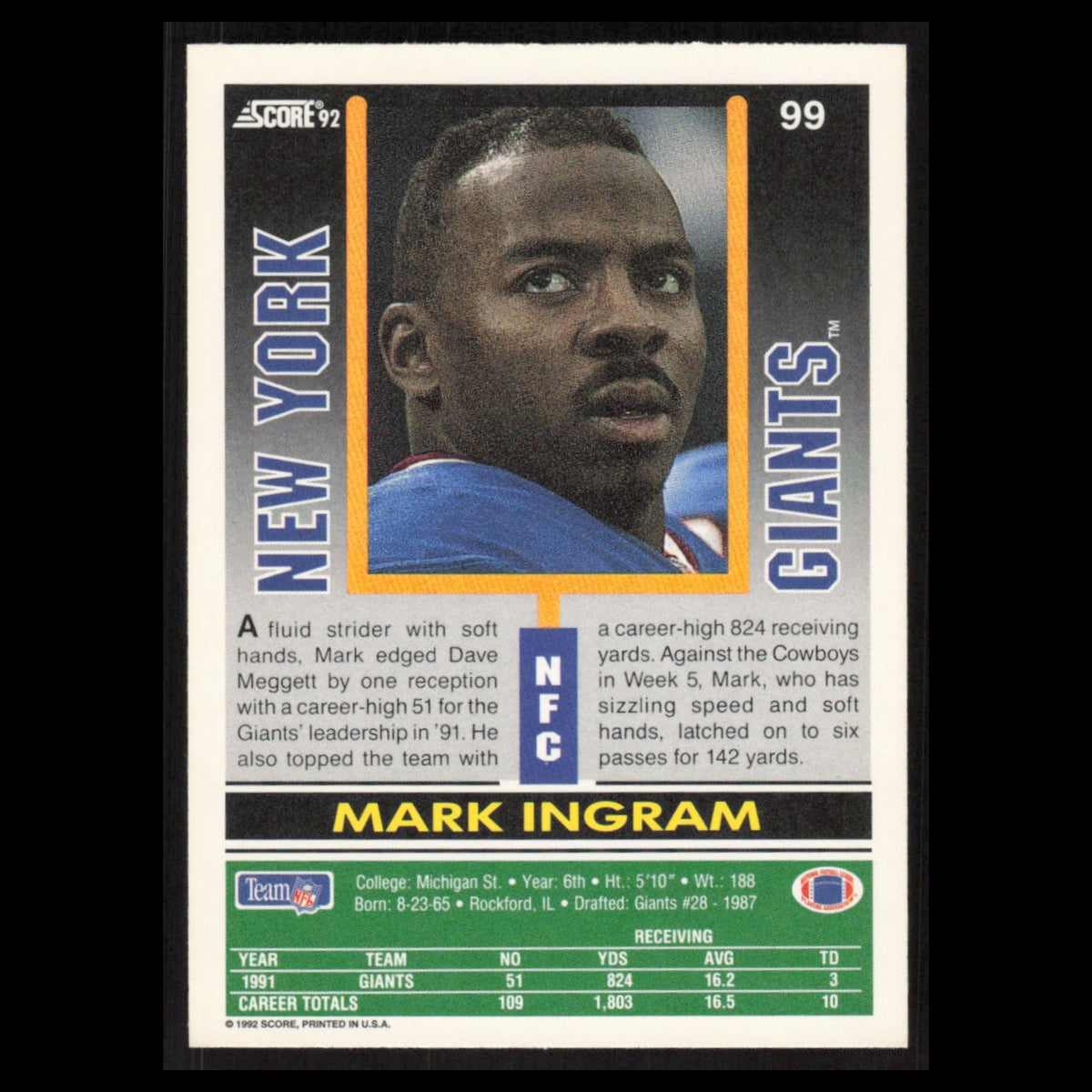 Mark Ingram #99 1992 Score New York Giants Football Card NFL NM