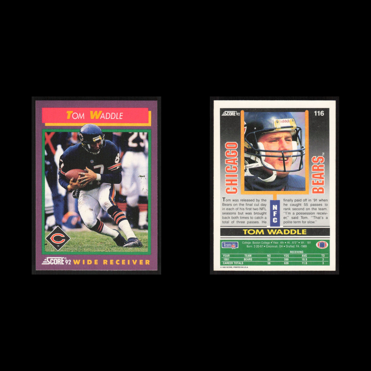 Tom Waddle #116 1992 Score Chicago Bears Football Card NFL NM