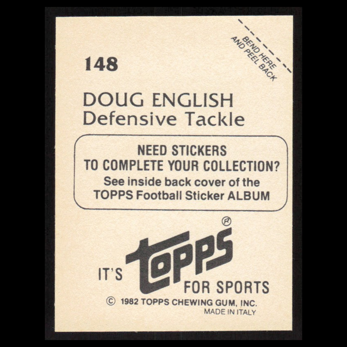 Doug English #148 1982 Topps Stickers Detroit Lions Football Card NFL NM