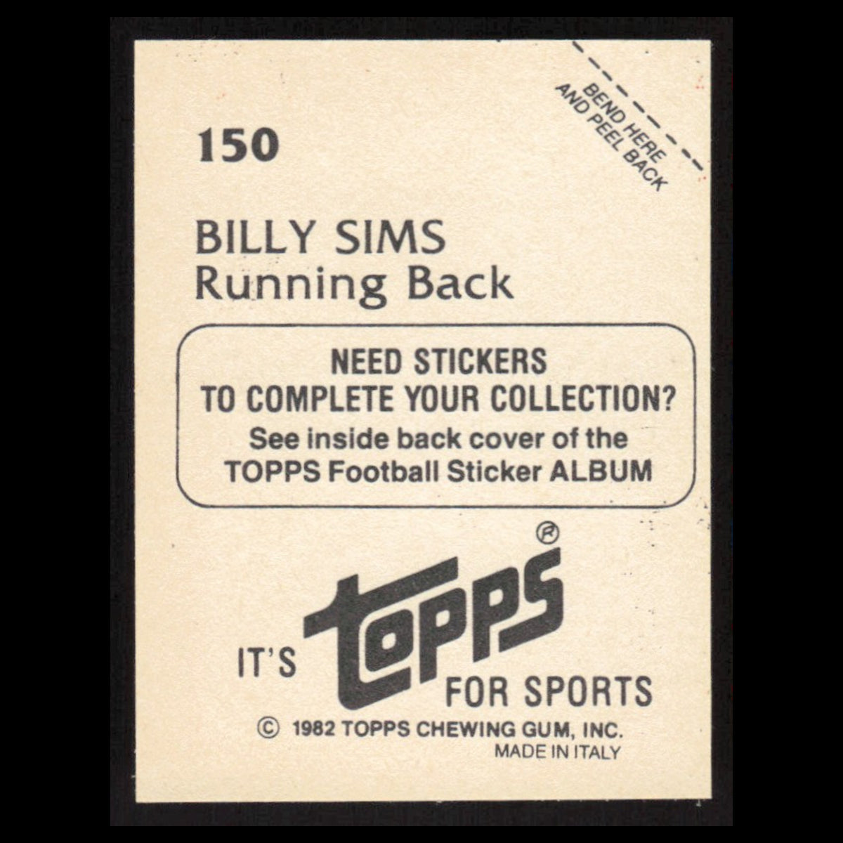 Billy Sims #150 1982 Topps Stickers Detroit Lions Football Card NFL NM
