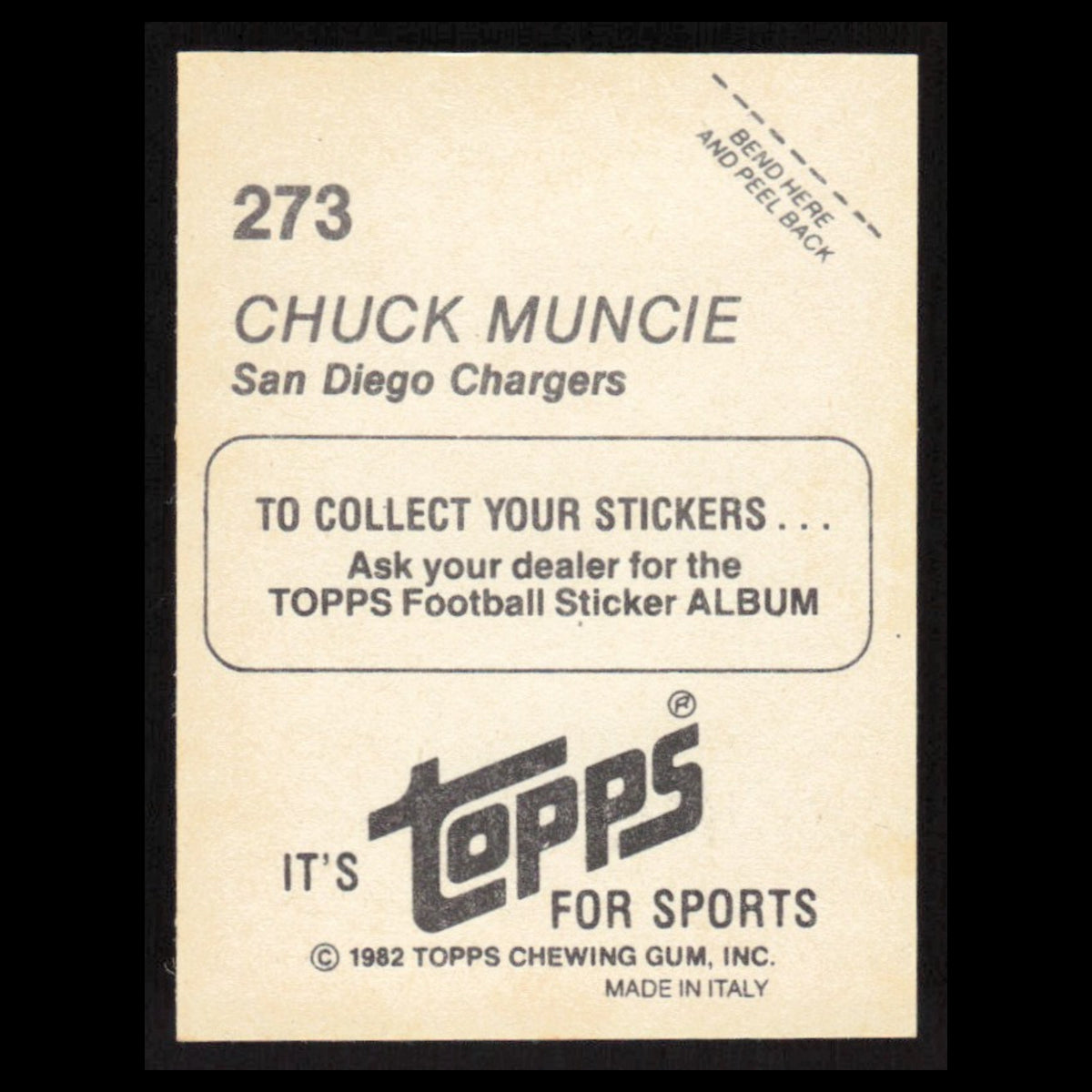 Chuck Muncie #273 1982 Topps Stickers San Diego Chargers Football Card NFL NM