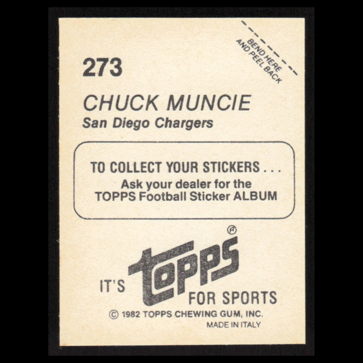 Chuck Muncie #273 1982 Topps Stickers San Diego Chargers Football Card NFL NM
