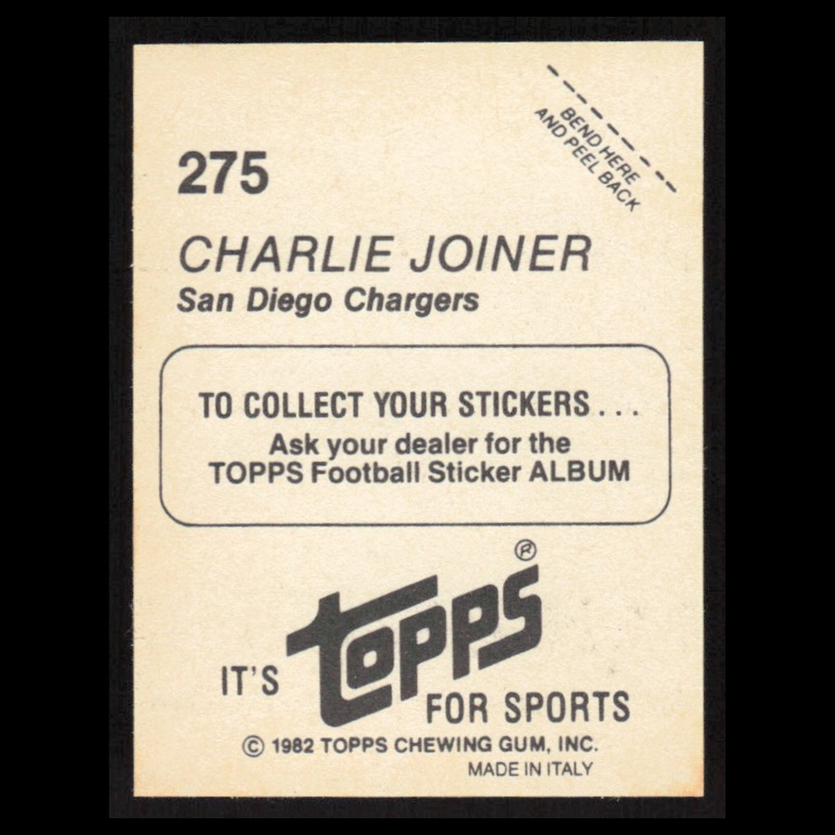 Charlie Joiner #275 1982 Topps Stickers San Diego Chargers Football Card NFL NM