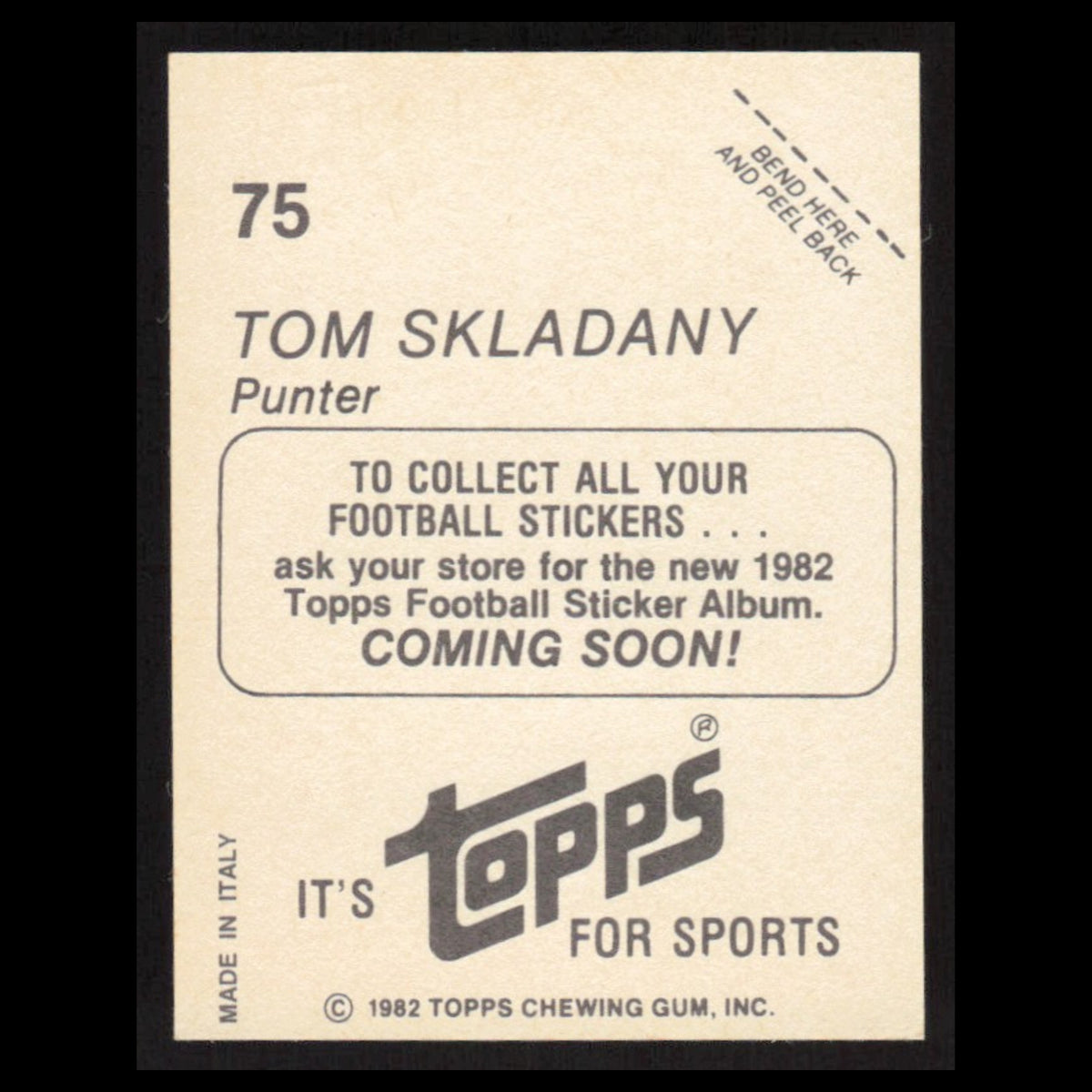 Tom Skladany #75 1982 Topps Stickers Detroit Lions Football Card NFL NM
