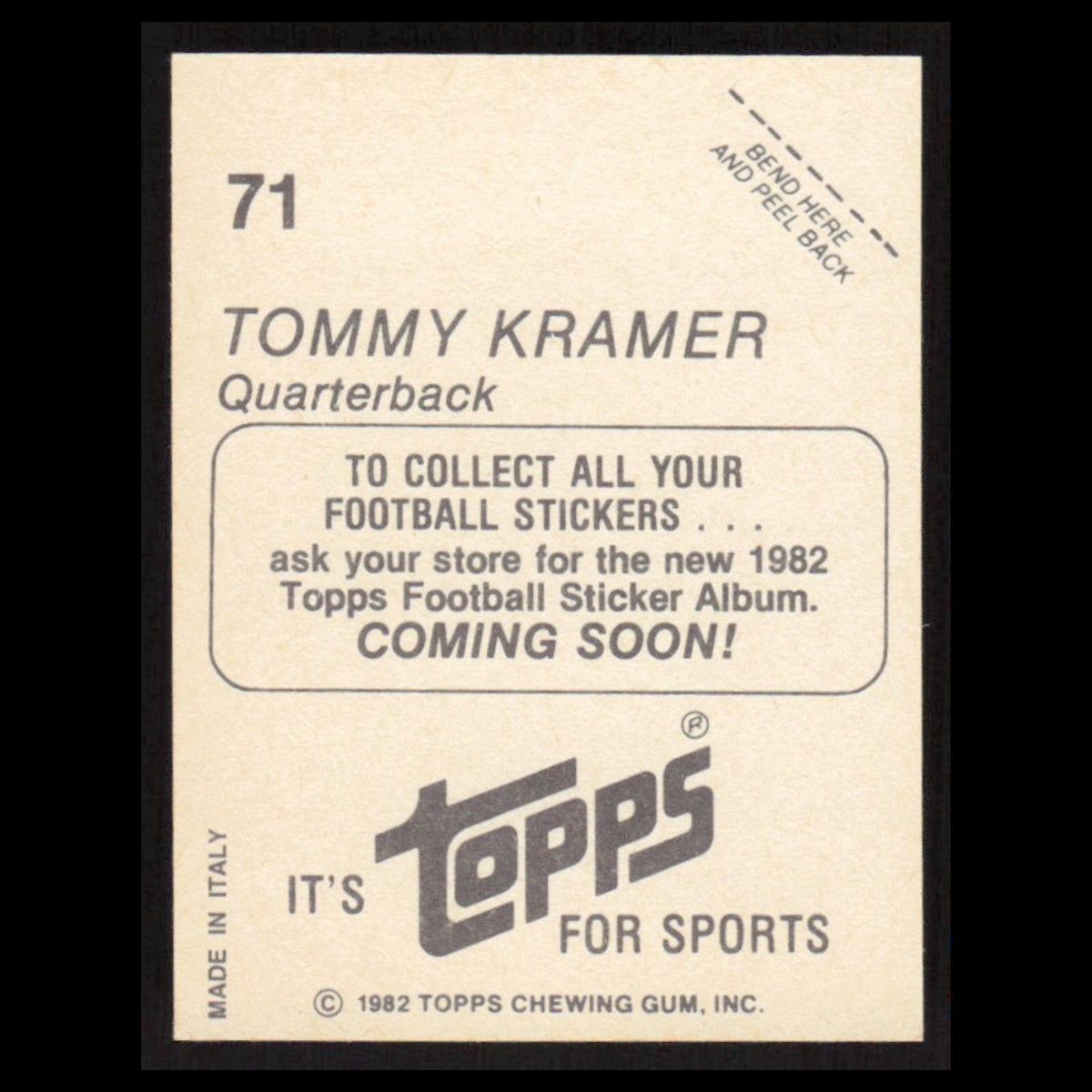 Tommy Kramer #71 1982 Topps Stickers Minnesota Vikings Football Card NFL NM