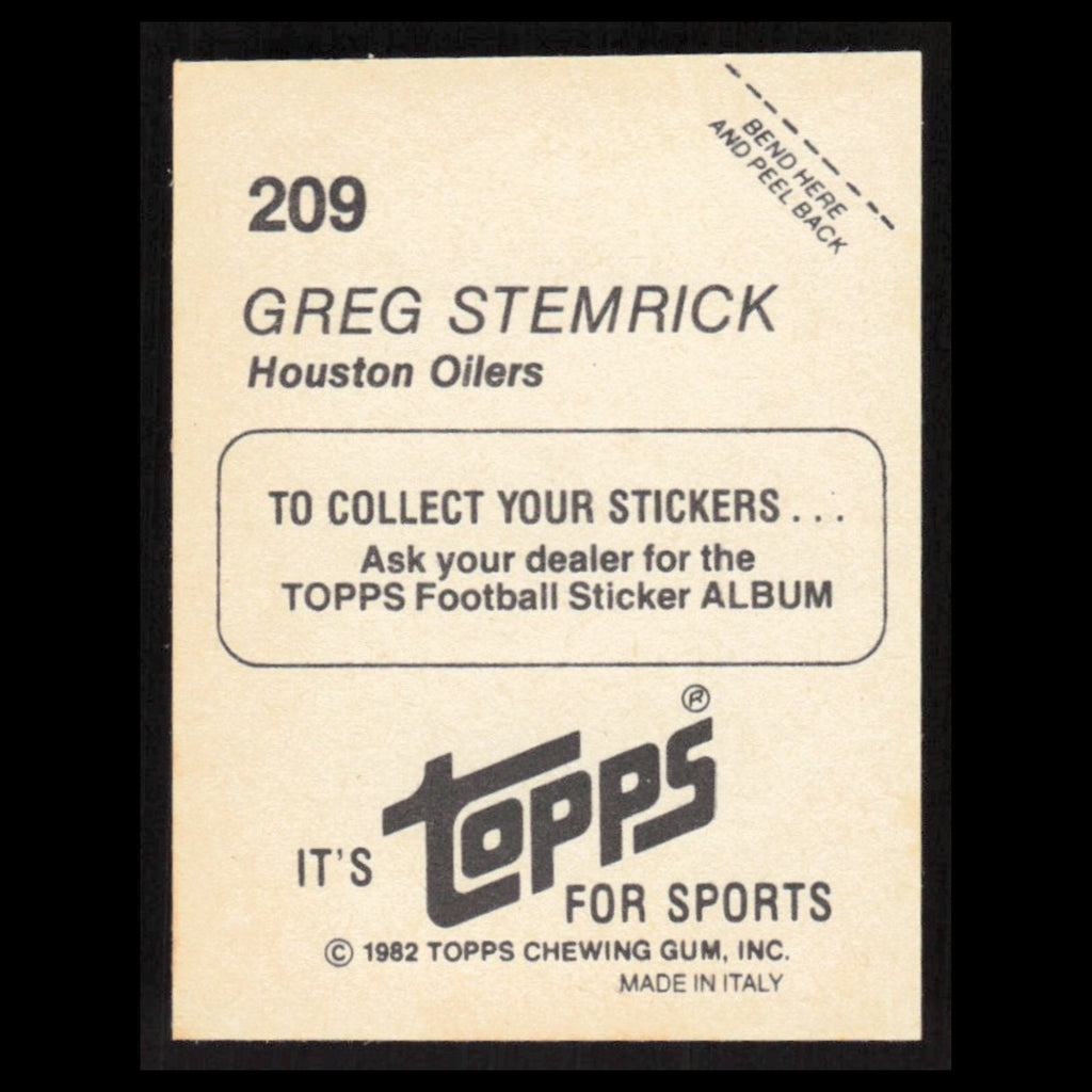 Greg Stemrick #209 1982 Topps Stickers Houston Oilers Football Card NFL NM